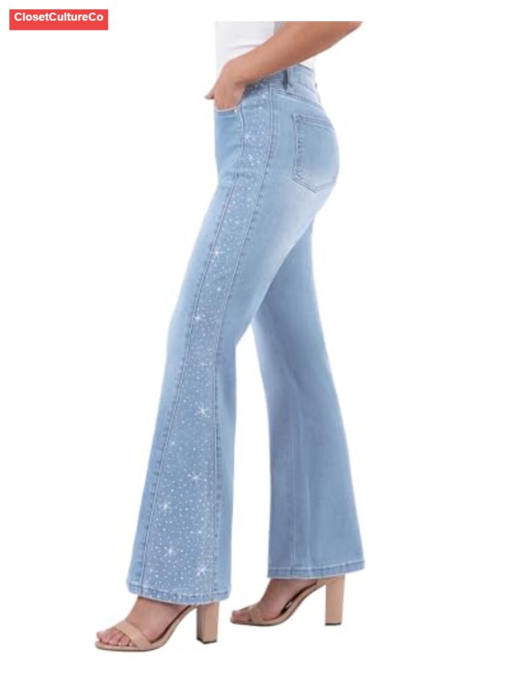 High Waisted Flare Jeans Rhinestone Embellished Stretchy Denim Pants
